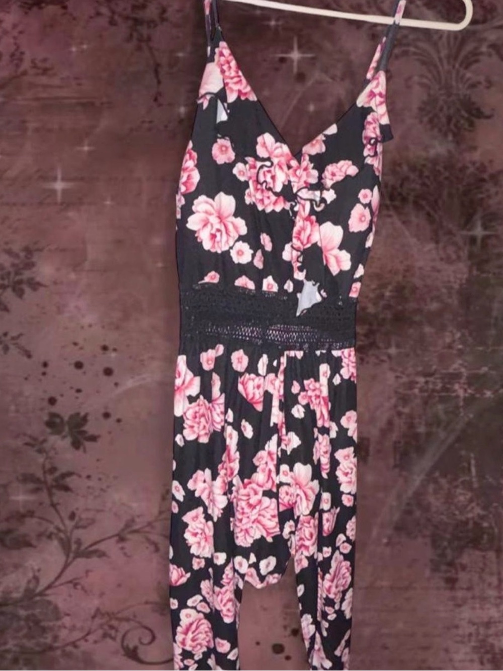 No Boundaries Black Romper Dress with Pink Floral Print